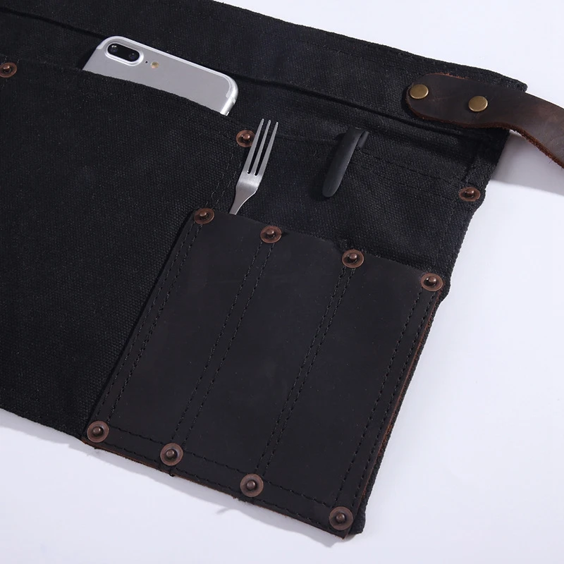 Multi Pocket Apron for Women Real Leather Canvas Half Apron Pocket Waitress Teacher Vendor Utility Server Cosmetic Apron