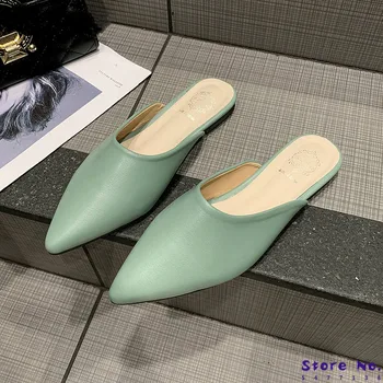 

Sexy Pointed Toe Womens Flat Slippers Slip On Mules Shoes Woman PU Leather Flats Loafers For Women Summer Casaul Flip Flops