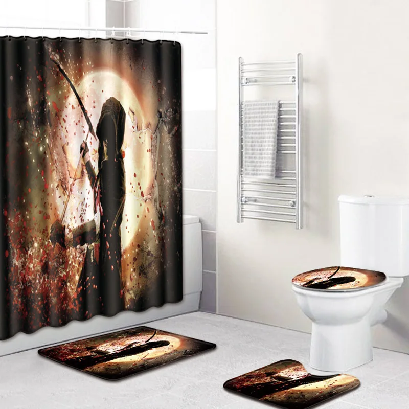 

4pcs/set Skull Halloween Print Shower Curtain Waterproof Polyester Fabric Modern Bathtub Toilet Seat Cover Bath Mat Home Decor