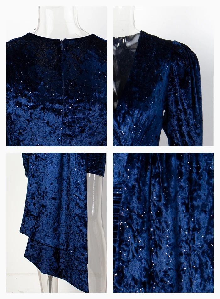 LOVE& LEMONADE темно-синие вечерние мини-платья с глубоким v-образным вырезом и лентой из блестящего бархата с длинными рукавами LM81992 LM81992 осень/зима