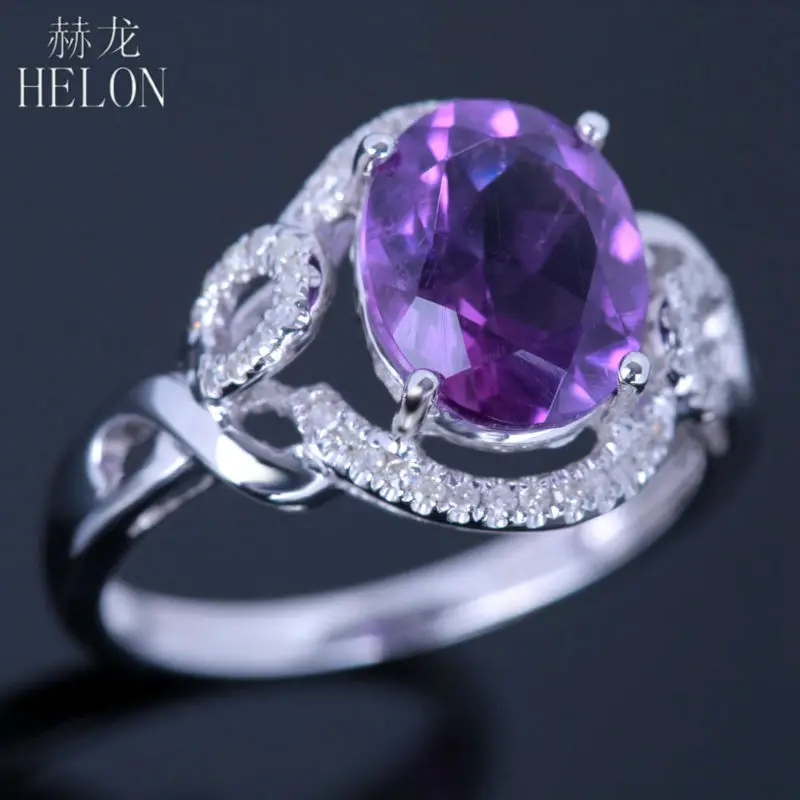 HELON Solid 14K белое золото безупречный Овальный 2.5ct подлинный натуральный аметист Бриллианты Женские ювелирные изделия обручальное кольцо