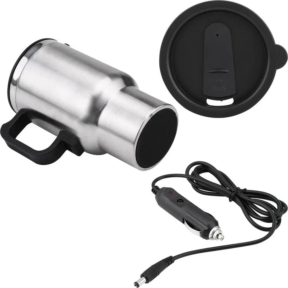 Rely2016 12V Car Heating Cup Stainless Steel Travel Coffee Cup Insulated  Heated Thermos Mug with Plastic Inside, 450ml Car Kettle for Heating Water