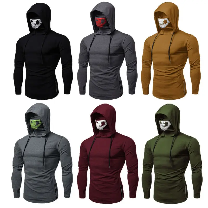 Men's Drawstring Zipper Skull Mask Hoodie Sweatshirt Hooded Tops Streetwear New Fashion Plus Size