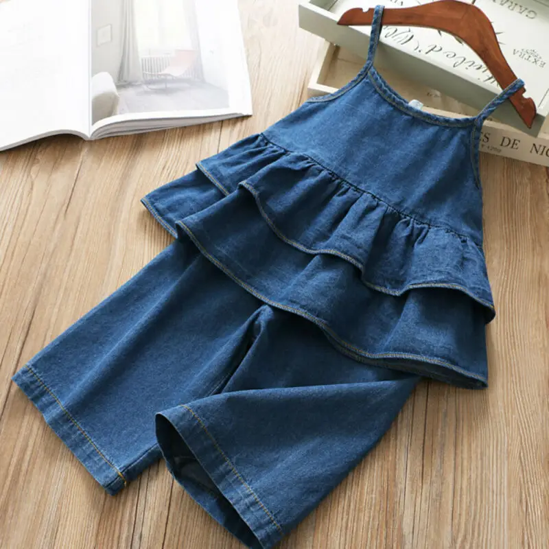 1 6Y Toddler Baby Girl 2PCS Summer Clothes Denim Ruffle Tops Strap Top