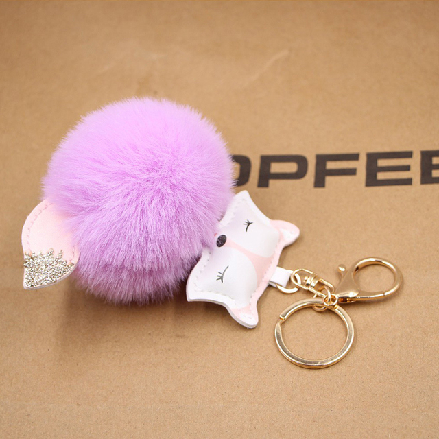 Ball Keychain Charm Key Ring Cute Leather Fox Keyring Plush Fluffy Pompom Faux Rabbit Fur Ball Bag Car Key Charms Accessory