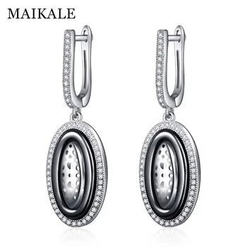 

MAIKALE Trendy Round Black White Ceramic Drop Earrings for Women Silver Color Hollow Heart Cubic Zirconia Hanging Earrings Gifts