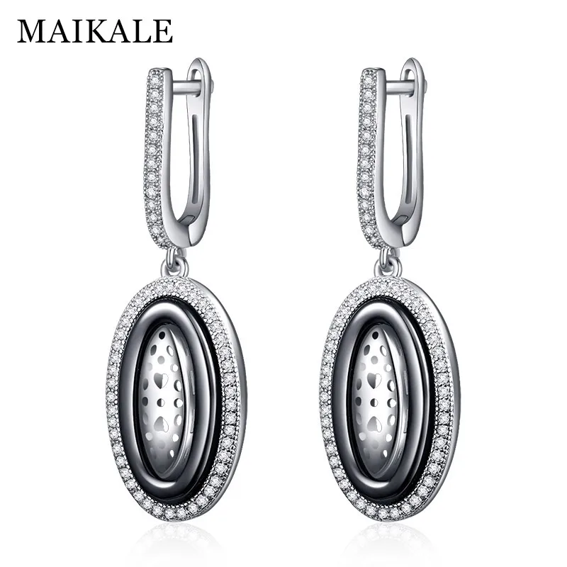 Женские круглые серьги подвески MAIKALE черные и белые керамические серебряного