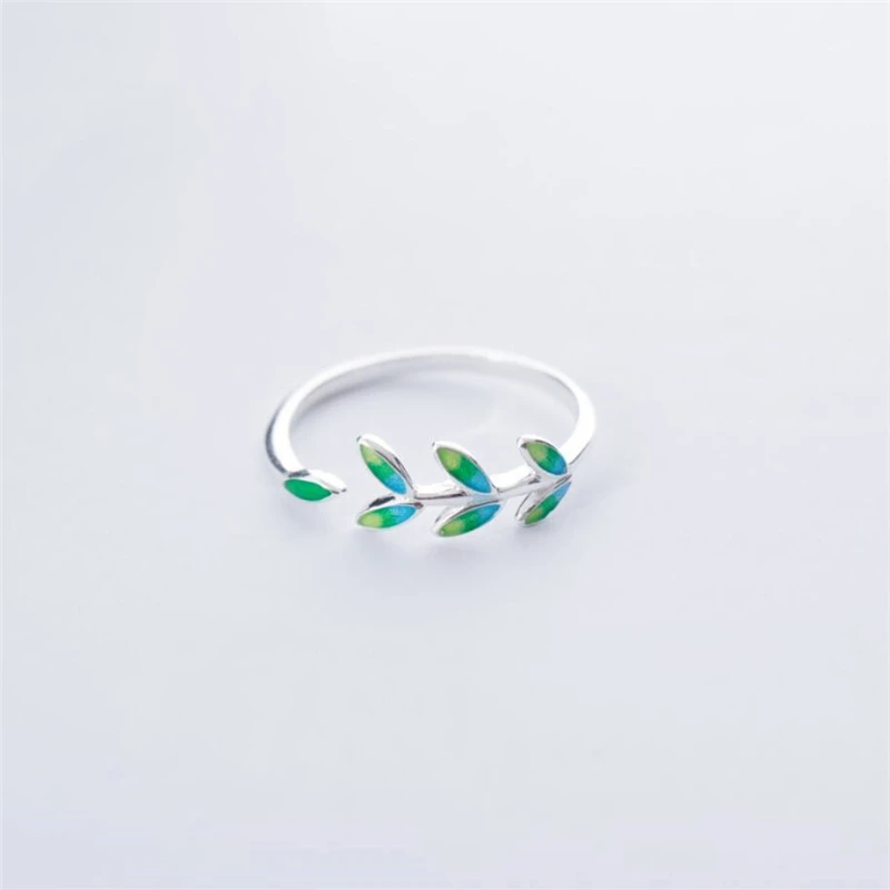 Opening-Rings Leaf 925-Sterling-Silver Resizable Female Trendy Creative Green Personality