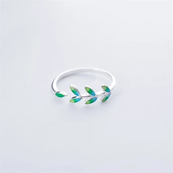 Green Leaf Handmade Creative 925 Sterling Silver Temperament Personality Fashion Female Trendy Resizable Opening Rings SRI028