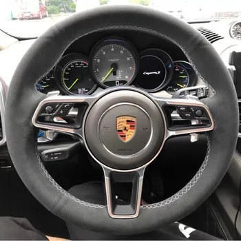 

Interior Black Suede Leather Steering Wheel Red Stitching on Wrap Cover Fit For Porsche Macan Cayenne 2015-2016