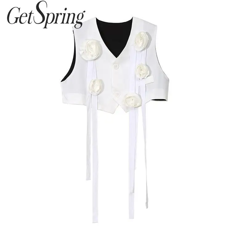 

GETSPRING Women Vest Flower Patchwork V-Neck Irregular Vest Cardigan Black All Match Autumn Sleeveless Blazer 2019 New Vintage