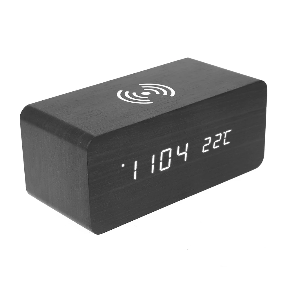 

LED Electronic Voice Control Wooden Alarm Clock Natural Touching Feel Fresh Visual Experience Support Wireless Charging