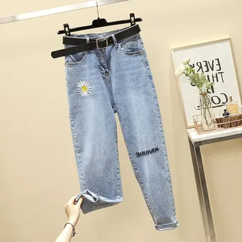 

2020 High-Waisted Jeans Female Straight Loose Embroidery round the Old Man Pants Thin-Music of the Tide