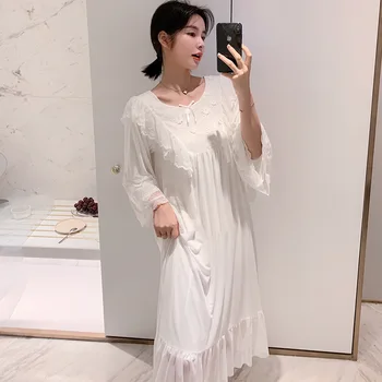 

Fairy God Retro Palace Style Modal Nightgown Lace Princess Sweet Pajamas-Outer Wear Tracksuit Loose Style