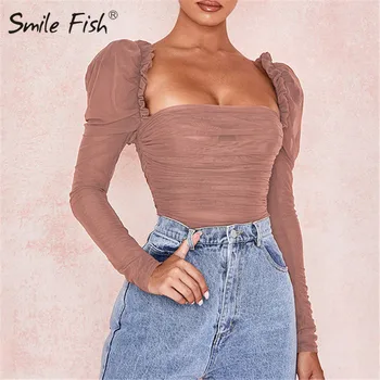 

Fashion Ladies Bodycon Mesh Sexy Rompers Black Double Layer Bodysuit Women Spring Body Overalls Long Sleeve Bodysuits M0147