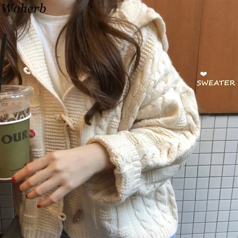

Woherb Korean Winter Women's Knitted Sweaters 2019 Twist Vintage Loose Long Sleeve Cardigan Coat Student Cute Harajuku Sweater