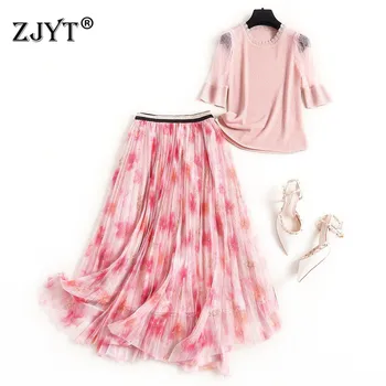 

High Street Fashion Women Skirt 2piece Set 2020 Summer New Designer Ladies Outfits Knitting Top and Print Midi Tulle Skirt Sets