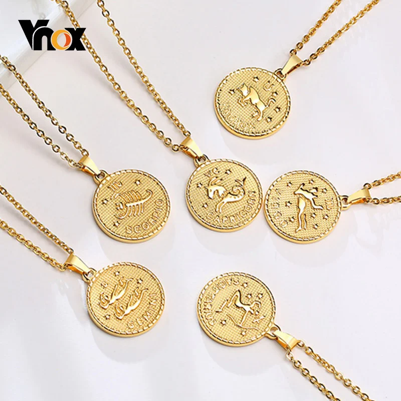 Vnox 12 Constellation Coin Pendant for Women Men Round Horoscope The Zodiac Sign Necklace Minimalist Metal Fashion Neck Jewelry | Украшения