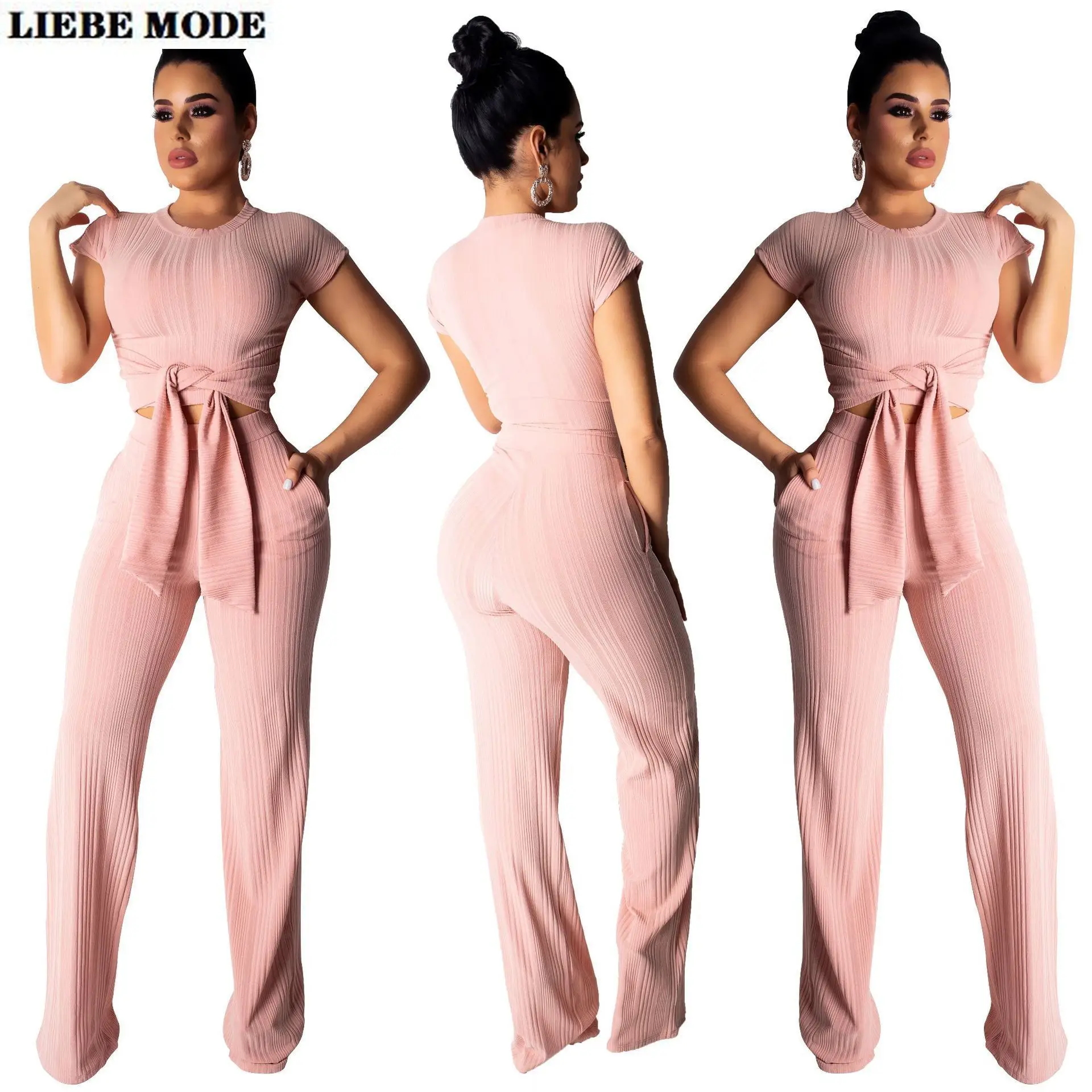 

Two Pieces Knitted Tracksuits Women Short Sleeve Crop Top + Pant Women Summer 2 Piece Set Trank Suit Conjuntos De Mujer
