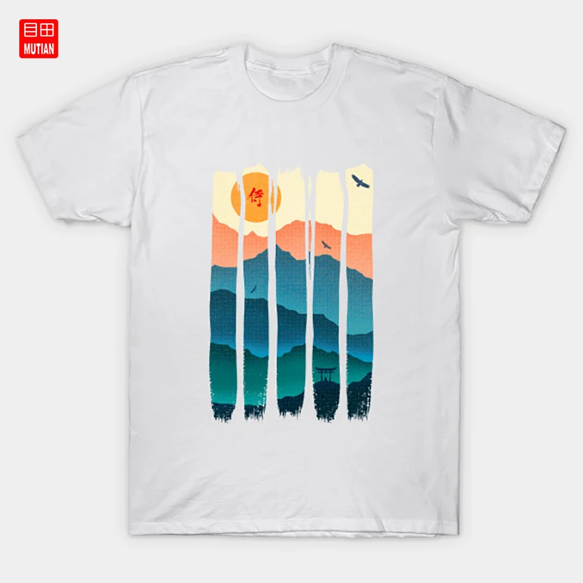 Vintage Brush Strokes Mountains Landscape T-Shirt Sun Peace Yoga Buddhism Silence Torii Gate Eagle Flying Meditating Samurai | Мужская