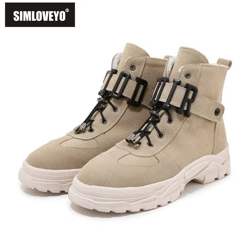 

SIMLOVEYO Women Ankle Boots Round Toe Square Thick Heel Patchwork Cross-tied Bukle Big size 29-46 Hiking Autumn bottes B1696