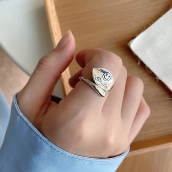 

Silvology 925 Sterling Silver Letter Smile Rings Korea Vintage Glossy Fun Face Leaf Open Rings for Women Friendship Jewelry Gift