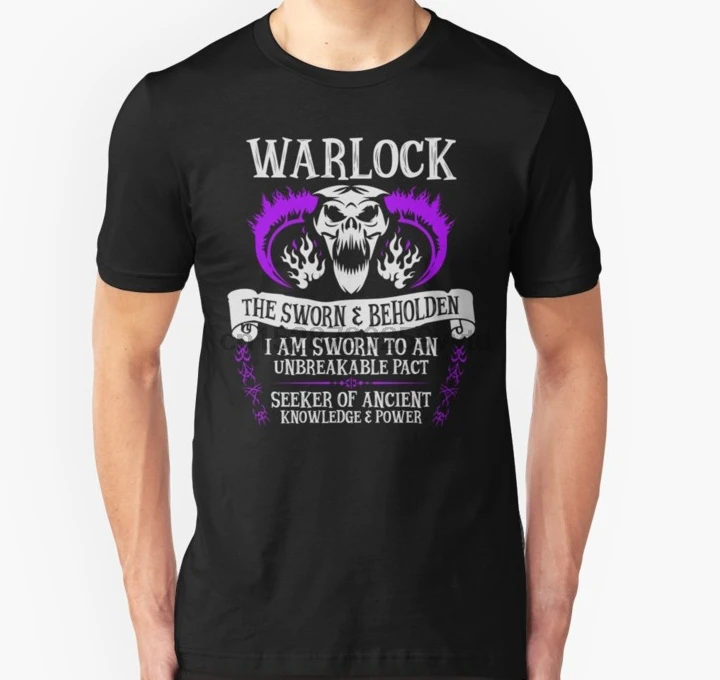 Мужская футболка с надписью WARLOCK THE tasked AND BEHOLDEN Подземелья и Драконы (белый текст)