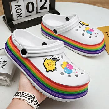 Zapatos con dibujos de arcoíris para mujer, sandalias con plataforma, cómodos e informales, para playa y jardín, de verano