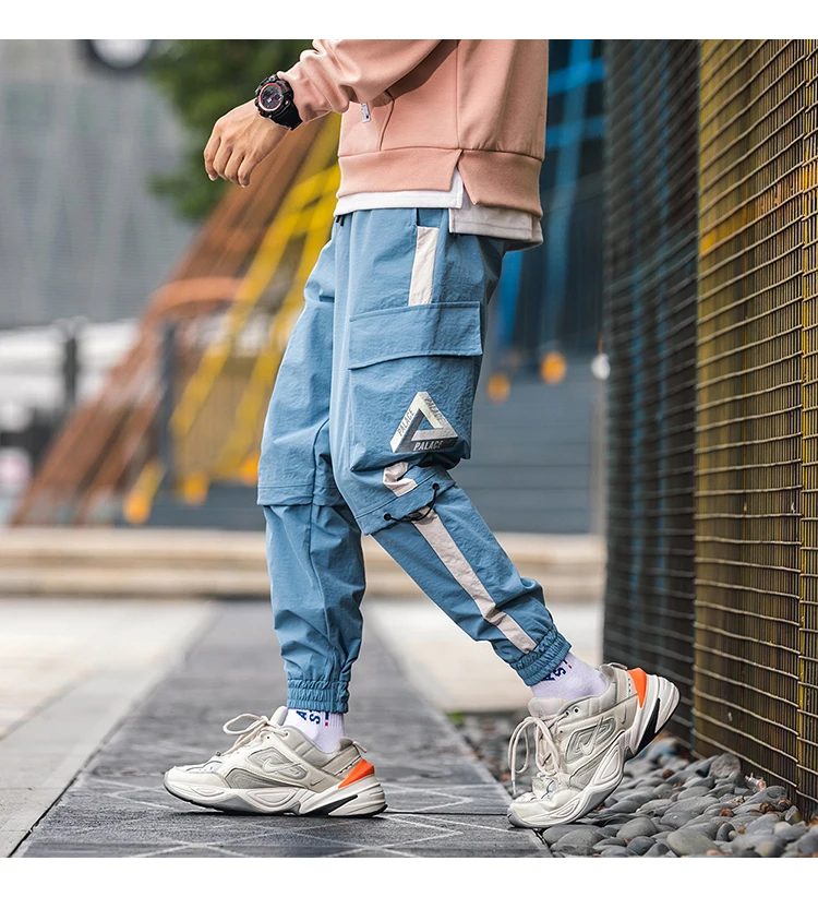 Light blue - K762 Брендовые мужские брюки, высокое качество, полиэстер, много карманов, повседневные брюки, модные, для бега, свободные, спортивные, с большим карманом, брюки карго, мужские - Цвет: Light blue - K762