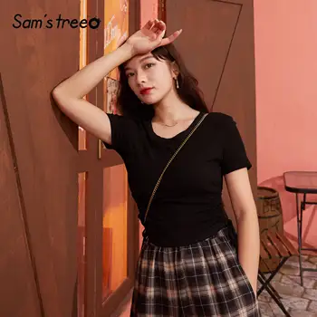 

SAM'S TREE Black Solid Minimalist Style Casual Women T Shirts 2020 Spring New Short Sleeve Drawstring Ladies Basics Daily Tops