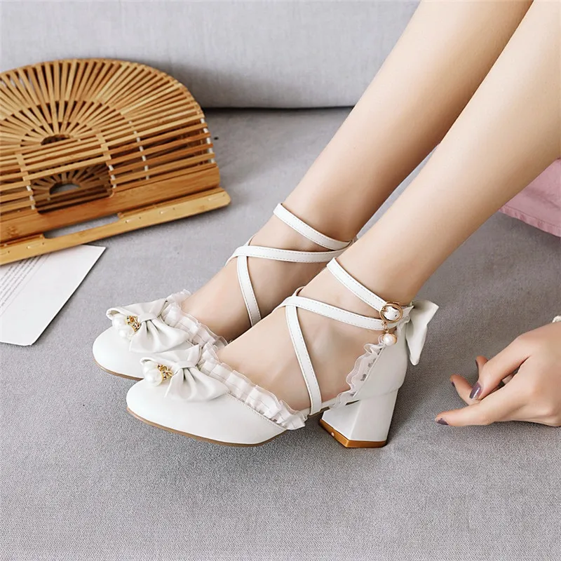 

YQBTDL White Pink High Heels Ladies Sandals Princess Cosplay Lolita Shoes Cross Strap Cute Bow Block Heel Sandal Party Wedding