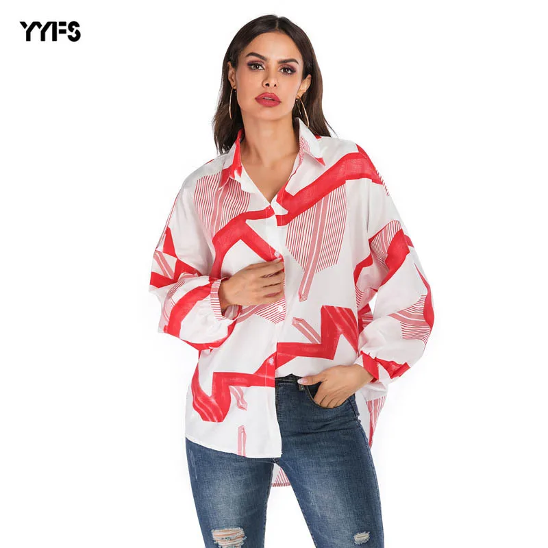 

Fashion Geometric Printed Blouse Women Graffiti Blouses Streetwear Turn Down Collar Casual Long Sleeve Cotton Loose Shirt
