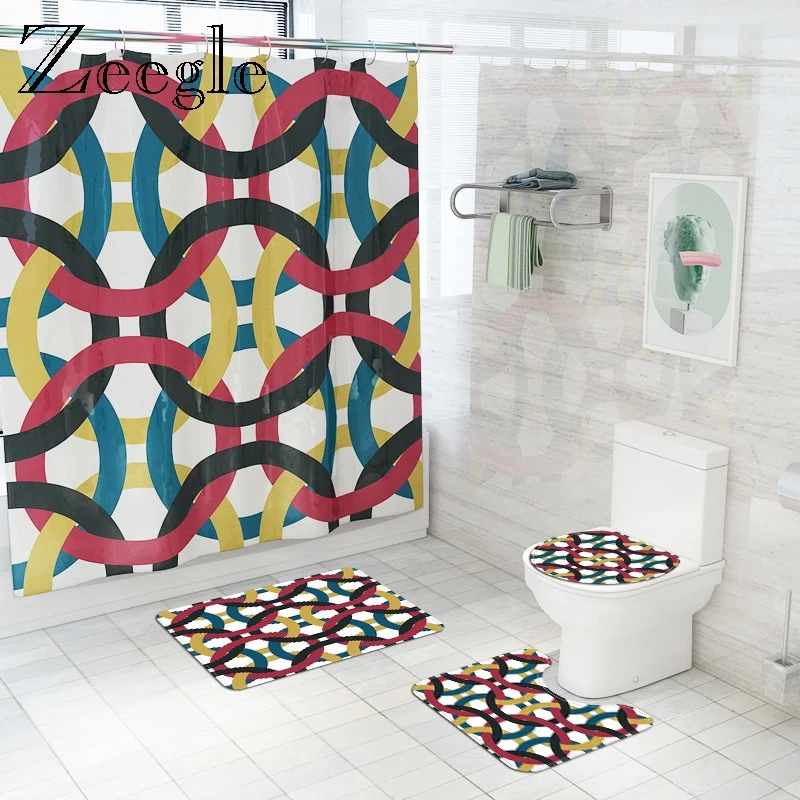 Geometric Bath Mat and Shower Curtain Set Printed Waterproof Home Shower Curtain Polyester Bathroom Carpets Set