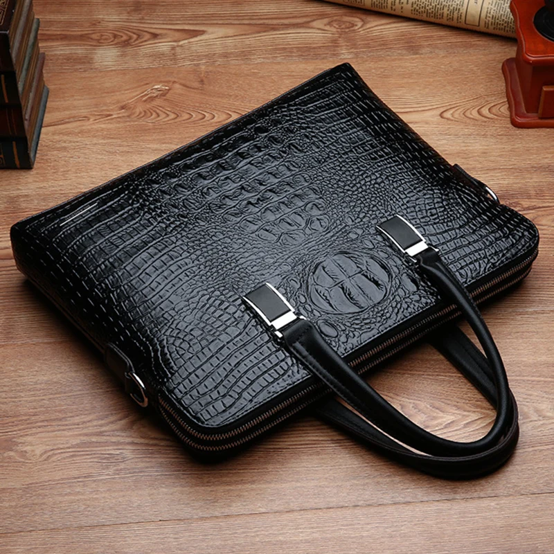 

2019 Business Briefcase Leather Men's Travel Bags Handbag Crocodile pattern Laptop Shoulder bag Male Messenger bags Tote Black