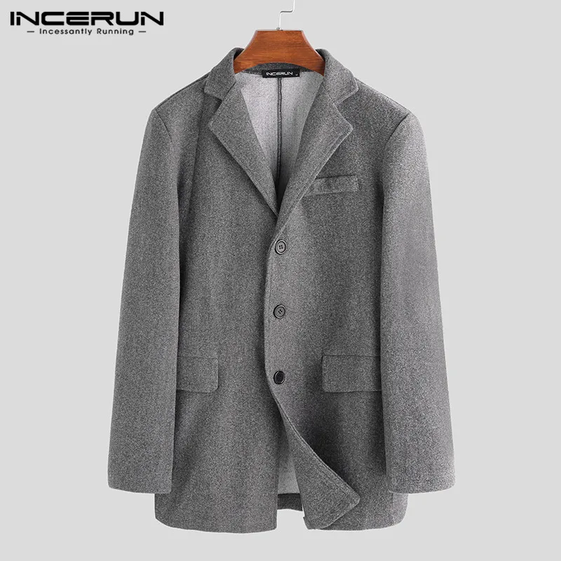 Dark Grey Деловой стиль INCERUN мужской костюм воротник длинный рукав однотонный цвет шерстяное пальто осень зима теплое пальто средней длины плюс размер - Цвет: Dark Grey