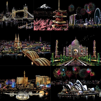 

40x28cm Magic Scratch Art Painting Paper With Drawing Stick DIY Famous Building Painted Kids Adult DIY Toys Painting Gift Xmas