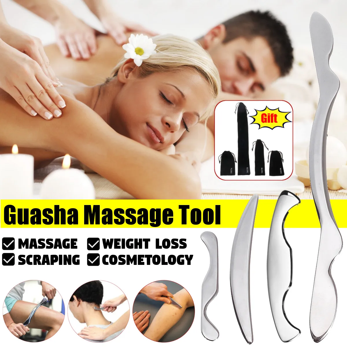 

4Pcs Stainless Steel Guasha Massage Gua Sha Scraping Board Tool SPA Health Care High Quality Gua Sha Tools Set New