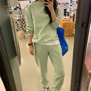 

Womens Casual CottonTracksuits 2 Piece Set Spring Autumn Sweatshirt +Pants Set Two Piece Outfit Solid Color Sets