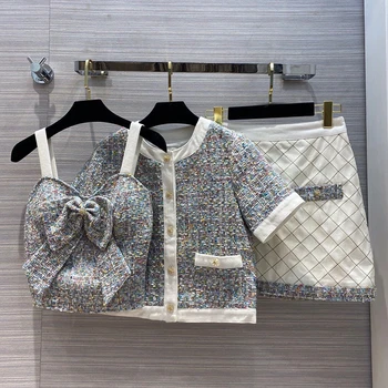 

Autumn Three Piece Sets Women Sexy Tweed Office 3 Piece Set Top And Skirt Short Sleeve Elegant Casual Suits