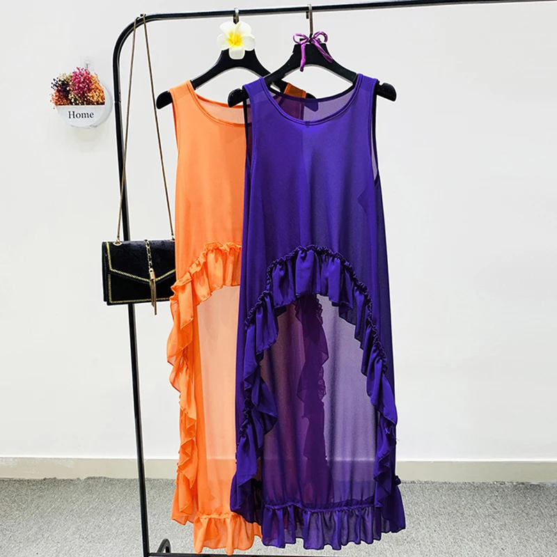 

2020 New Chiffon Shirt Sunscreen Blouse Irregular Ruffles Vest Top Female Seaside Holiday Sleeveless Loose Long Shirts Blouse