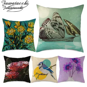 

Fuwatacchi Flower Bird Natural Cushion Cover Colorful Floral Pillow Cover Home Decorative Linen Pillow Case Car Throw Pillowcase