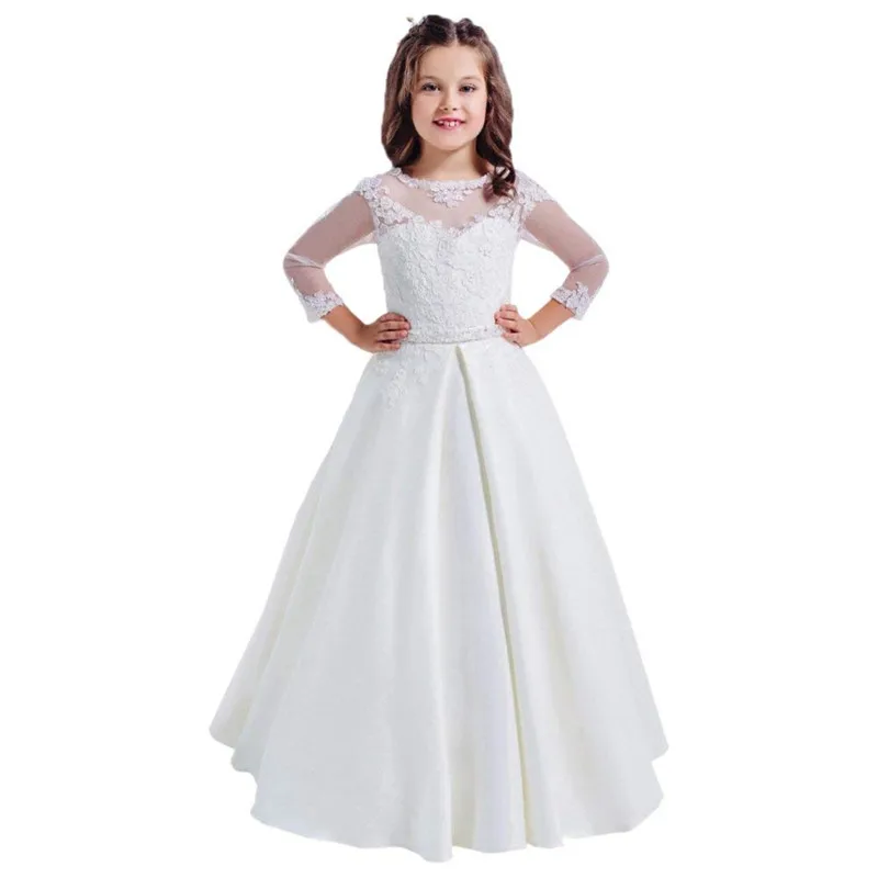 28Lace Long Sleeves Hollow Back First Communion Dresses 2-14 Year Old White Flower Girl Dress