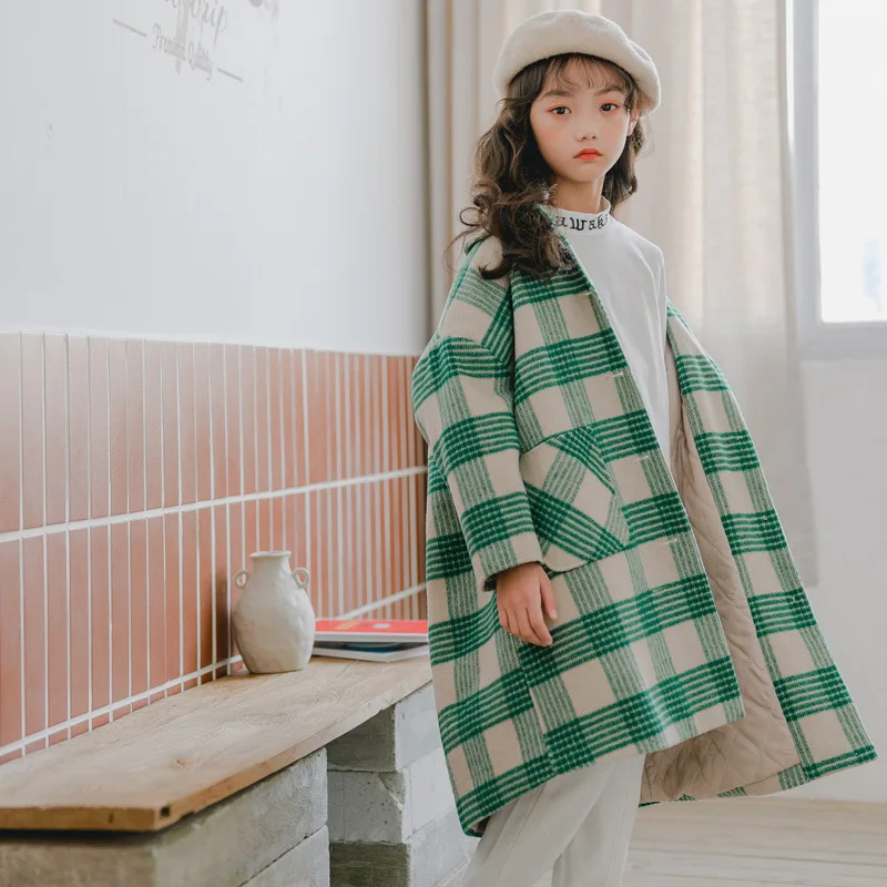 Winter New Thicken Girls Coat Long Style Plaid Baby Girls Jacket Fashion Design Loose Autumn Kids Jacket for Girls,#8136