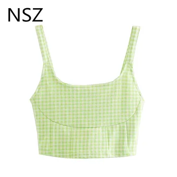

NSZ women plaid summer knitted cami crop top camisoles tank basic ribbed tops elastic spagetti strap shirt sexy party check vest