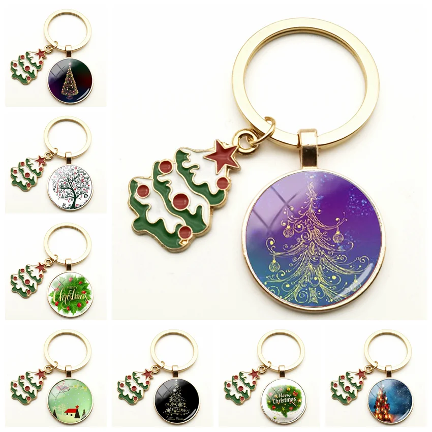 

New Colorful Water Drops Christmas Tree Keychain DIY Art Painting Glass Convex Round Pendant Christmas Men and Women Car Gifts