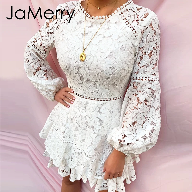 JaMerry винтажное элегантное белое кружевное Прозрачное платье с пышными рукавами и цветочным рисунком, платье с длинными рукавами, юбка с оборками с завышенной талией вечерние осенние платья