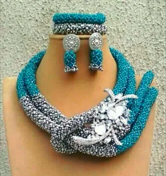 

Gorgeous Blue and Silver African Crystal Bead Jewelry Set Handmade Weaving Nigeria Bride Wedding Statement Jewelry Set HX248