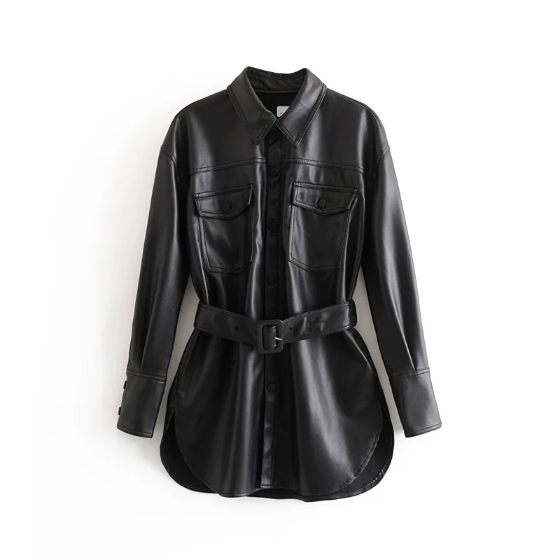 FF3002G Black Новинка, модные женские длинные куртки осень-зима из искусственной кожи, элегантные женские уличные пальто из искусственной кожи с ремнем и карманами на пуговицах - Цвет: FF3002G Black