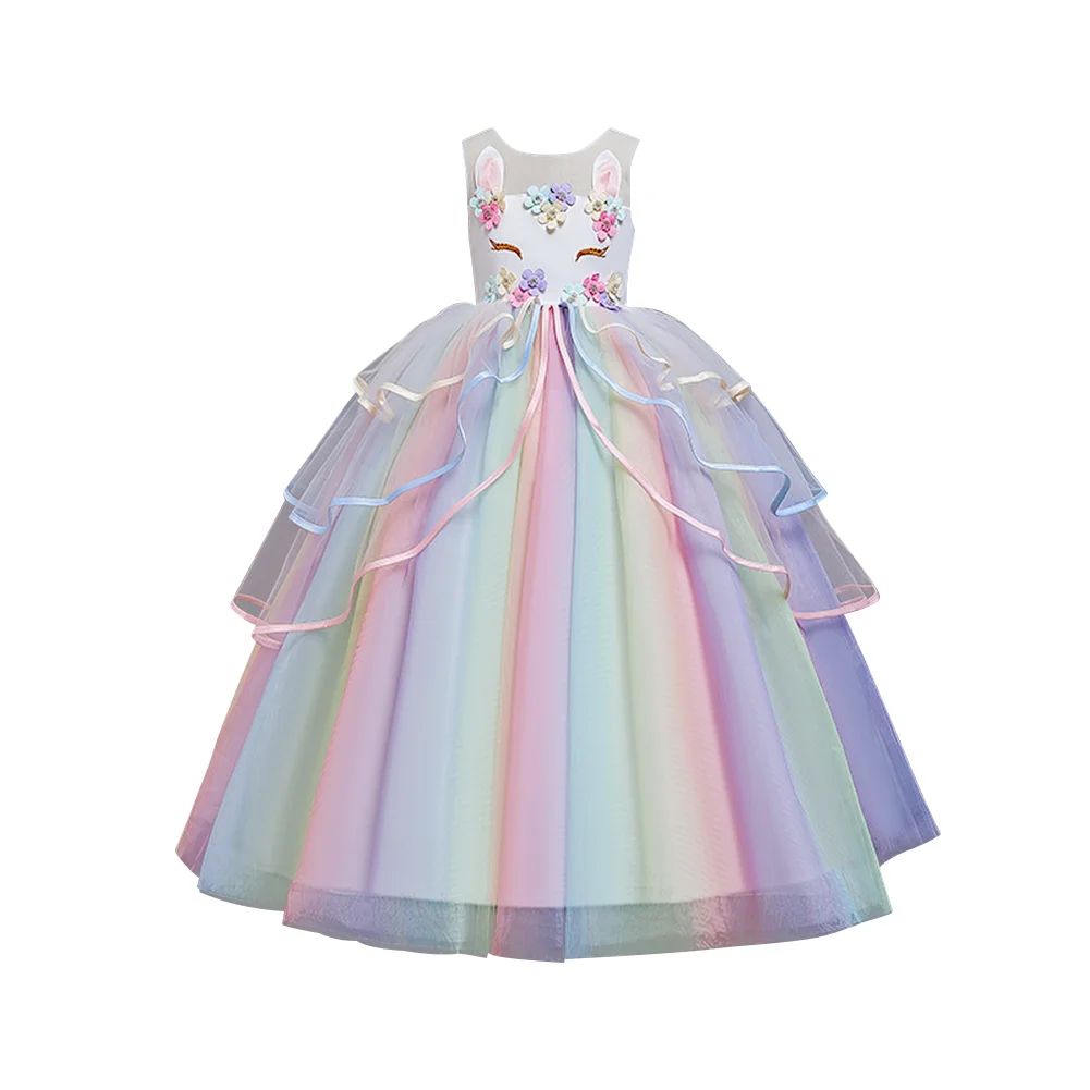Радужное платье с единорогом для девочек; элегантное платье принцессы с цветочным рисунком и единорогом для костюмированной вечеринки на Хэллоуин; детское платье для дня рождения для фотосессии