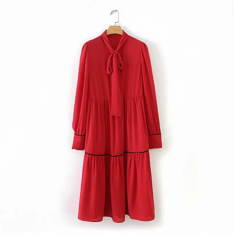 

2018 Western Style Autumn And Winter WOMEN'S Dress New Style Contrast Color Edging Bowtie Long-sleeved Dress